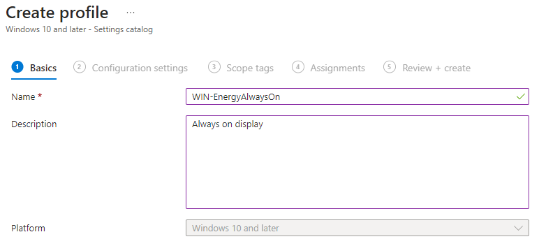 Settings catalog profile name and description
